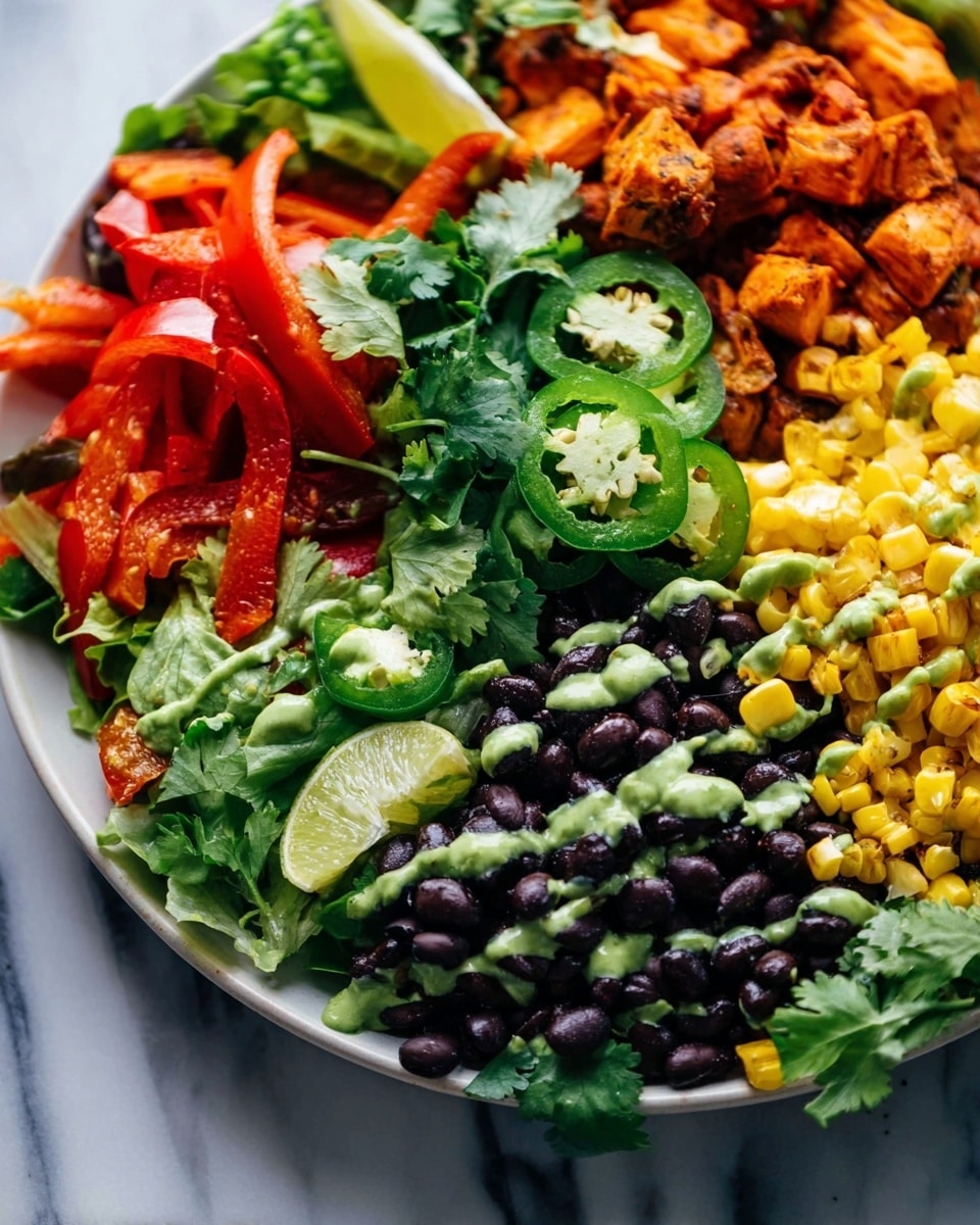 A close-up of a white plate filled with a colorful layered salad sits on a white marbled surface. At the back right, there is a layer of reddish-orange cooked chunks. Fresh green cilantro leaves are spread over the middle top part, along with slices of dark green jalapeño peppers and lime wedges. The front left side has bright red roasted pepper strips with a drizzle of green sauce on top. The front center holds a pile of black beans, and to the right of it is a layer of charred yellow corn kernels. The base of the plate is filled with mixed green leaves peeking through the other ingredients, photo taken with an iphone --ar 4:5 --v 7