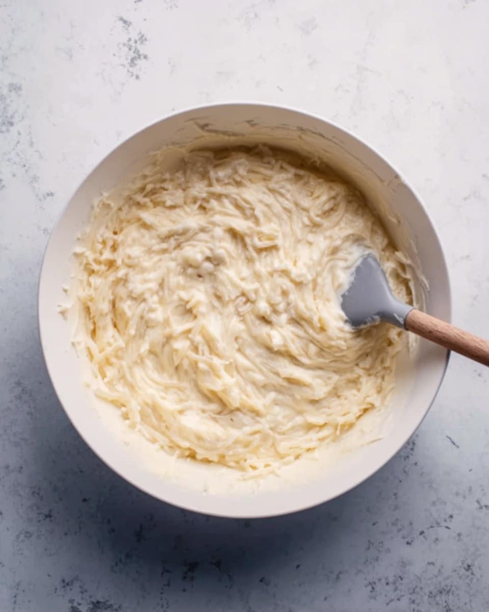 A white bowl filled with a creamy, pale yellow mixture with soft, shredded textures visible throughout, swirled gently by a wooden spoon with a gray and white handle positioned on the right side inside the bowl, all placed on a white marbled surface photo taken with an iphone --ar 4:5 --v 7