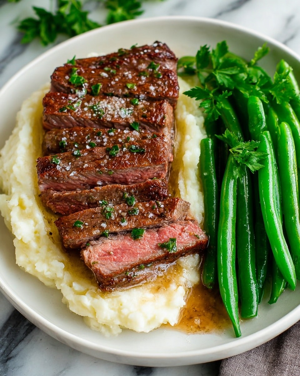 A white plate holds three main parts: at the bottom, a thick layer of smooth, creamy mashed potatoes in white with soft texture; on top of the mashed potatoes, several slices of medium-rare steak with a brown seared outside and a pink inside, sprinkled with small green herb pieces and coarse salt; on the right side of the plate, a neat row of bright green cooked green beans with a slightly shiny surface, topped with fresh green parsley leaves. The plate sits on a white marbled surface, and a woman's hand is slightly touching the edge of the plate. photo taken with an iphone --ar 4:5 --v 7