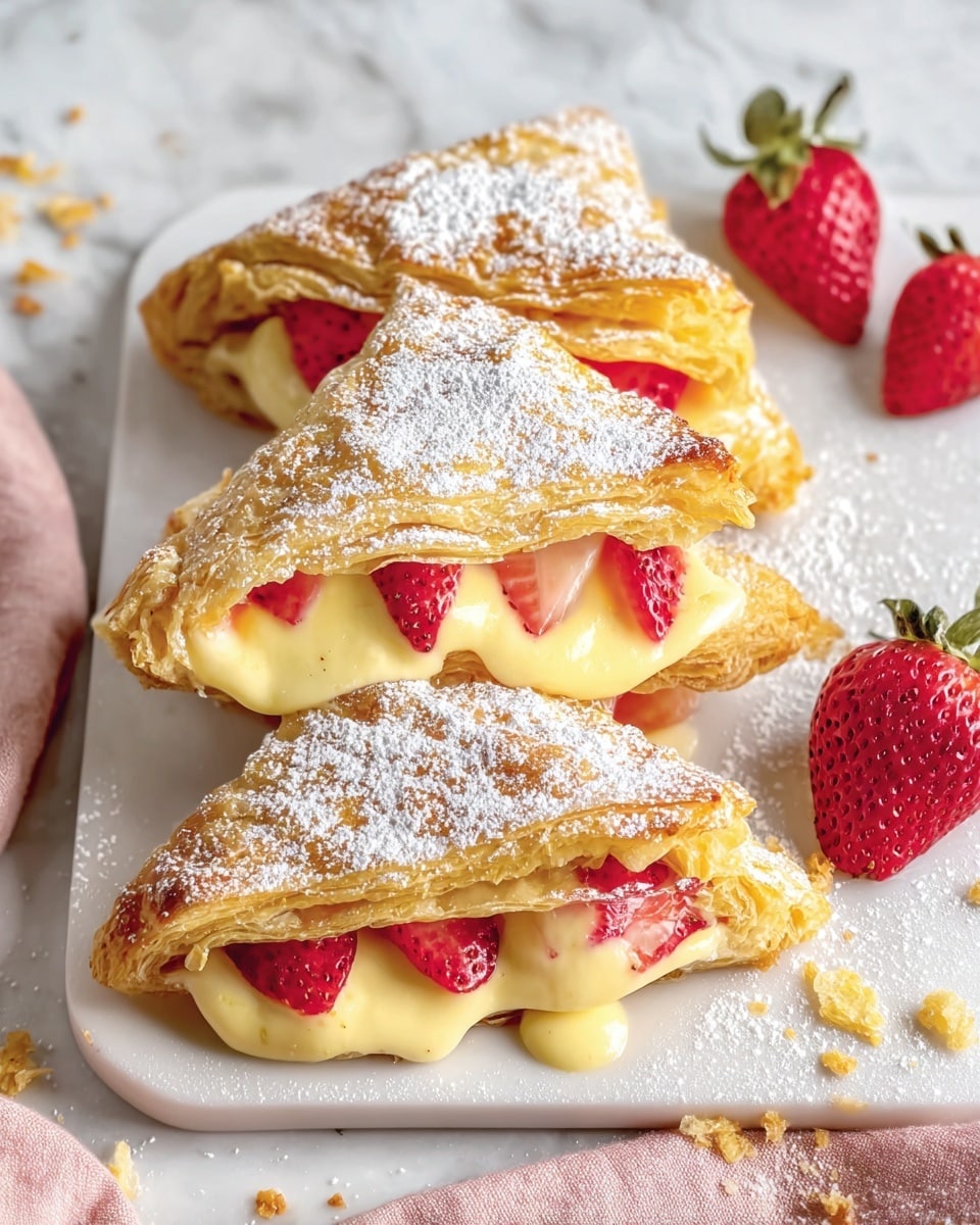 The image shows four golden brown puff pastry triangles filled with creamy yellow custard and fresh red strawberry slices. Each pastry has layers of flaky, crispy texture, dusted with white powdered sugar on top. The custard is smooth and slightly spilling out from the middle where the strawberries peek through. The pastries are placed on a white plate on a white marbled surface, with one strawberry and a pink cloth nearby. There are some scattered crumbs around the pastries. photo taken with an iphone --ar 4:5 --v 7