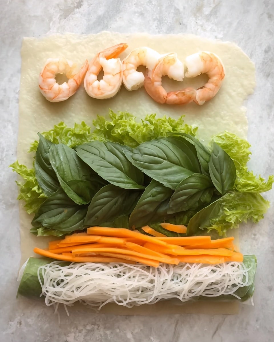 The image shows an open rice paper wrapper on a white marbled texture surface, with fresh ingredients layered from bottom to top. The bottom layer has green lettuce leaves, followed by thin white rice noodles arranged loosely. Above that are bright orange carrot sticks placed horizontally. The next layer is several fresh green basil leaves stacked neatly across the center. Above the rice paper near the top of the image, there are three cooked shrimp, spaced evenly in a row with light pink and white colors. photo taken with an iphone --ar 4:5 --v 7