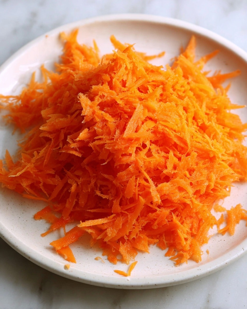 A small white plate holds a heap of finely shredded bright orange carrots with a soft and moist texture. The carrots are piled loosely in the center, with some small pieces scattered around the edges of the plate. The background surface is a clean white marbled texture. Photo taken with an iphone --ar 4:5 --v 7