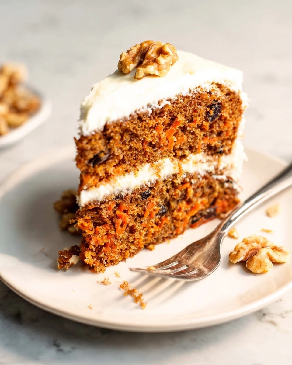 A tall slice of carrot cake with two thick layers of moist, brown textured cake filled with visible orange carrot bits and dark raisins or nuts. Between the layers and on top is a thick, creamy white frosting that looks smooth and soft. A walnut half sits on the center of the frosting on top. The cake slice is on a clean white plate with a shiny silver fork placed beside it. A few walnut pieces are scattered around the plate on a white marbled surface. Photo taken with an iphone --ar 4:5 --v 7