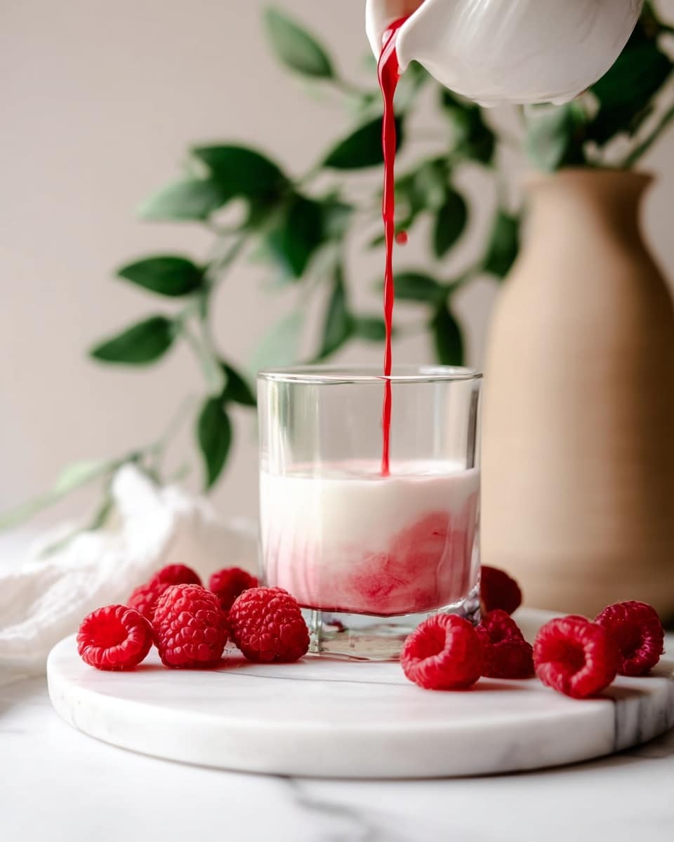 A clear glass sits on a white marbled round board with a base layer of creamy white liquid inside it. Bright red liquid is being poured from a white cup above into the glass, blending gently with the white liquid to make a soft pink mix near the bottom. Around the glass on the board and nearby, there are fresh red raspberries scattered, showing a rich texture. In the background, there is a beige ceramic vase with green leaves, adding fresh green color to the scene. The whole setup is on a white marbled surface. photo taken with an iphone --ar 4:5 --v 7