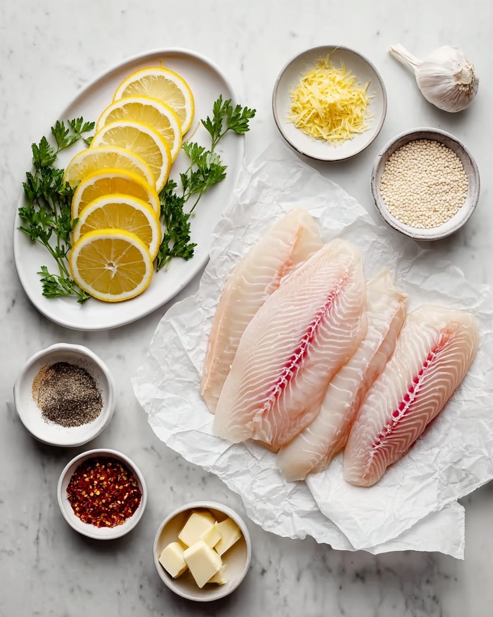 Four raw fish fillets with light pink and white flesh and thin red lines lie on crumpled white paper in the center. To the left, a white oval plate holds many thin yellow lemon slices layered on top of each other with fresh green parsley on one side. Surrounding the fish are small white dishes and bowls with different ingredients: a bowl with white grains, a small bowl with yellow lemon zest, a bowl with black pepper, a bowl with red spice on top of salt, a bowl with pale yellow butter cubes, a bowl with white salt, and a bowl with chopped garlic. All items rest on a white marbled surface. photo taken with an iphone --ar 4:5 --v 7