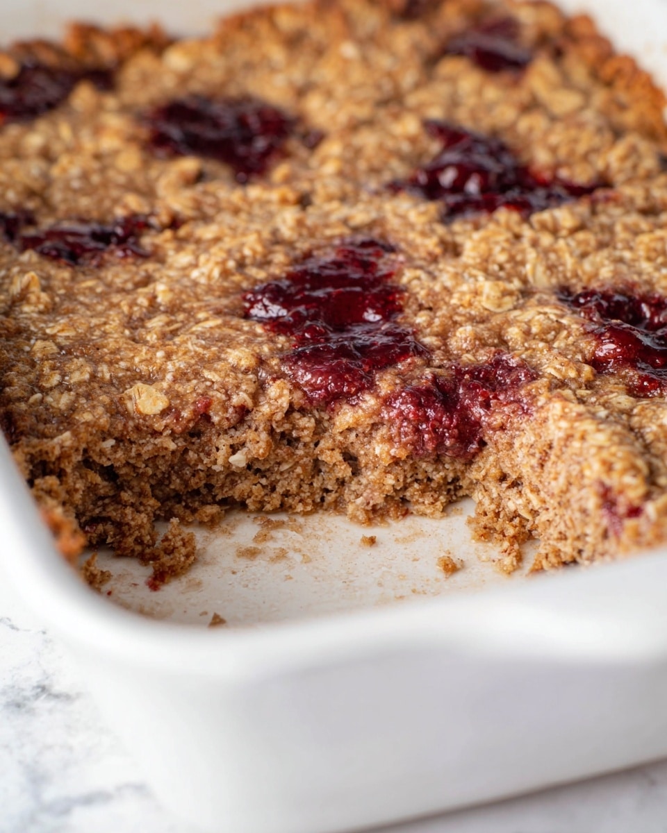 The image shows a close-up of a baked oatmeal dish in a white baking dish. The oatmeal has a rough, grainy texture with a light brown color and visible oats throughout. There are dark red jam or berry spots scattered on the surface, creating an uneven pattern. A section has been removed from the dish, revealing a thick, dense interior with the same light brown oatmeal texture. The dish is placed on a white marbled textured surface, giving a clean and simple background. Photo taken with an iphone --ar 4:5 --v 7