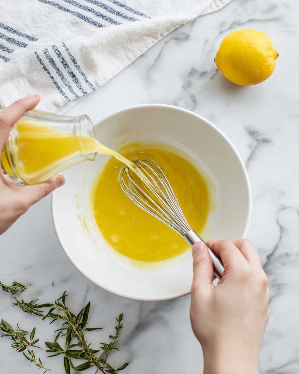 A white bowl is placed on a white marbled surface. Inside the bowl, there is a thick yellow liquid being stirred with a silver whisk by a woman's hand on the right side of the image. Another woman's hand on the left side is pouring a golden yellow liquid from a clear small glass jar into the bowl. A whole bright yellow lemon and green herb sprigs are visible on the white marbled surface near the bowl. A white cloth with blue stripes is partially seen at the top edge. Photo taken with an iphone --ar 4:5 --v 7