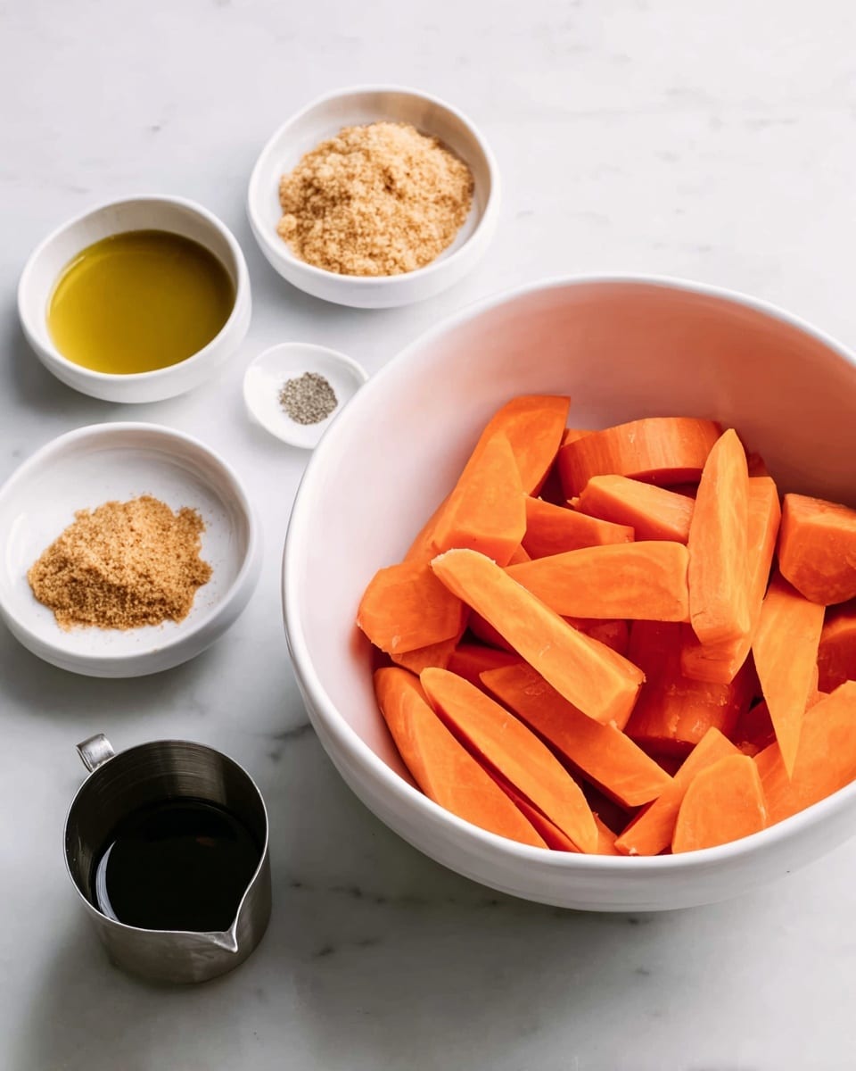 A large white bowl filled with bright orange carrot pieces, cut into thick, angled sections, sits prominently on a white marbled surface. Around it, there are smaller white bowls and cups containing different ingredients: one holds light brown crumbly sugar, another is empty, a small metallic cup contains ground brown spice, and a black measuring cup with a spout holds golden liquid, likely oil. The arrangement is clean and simple, with the colors of the ingredients standing out against the white bowls and the smooth white marbled background. Photo taken with an iphone --ar 4:5 --v 7