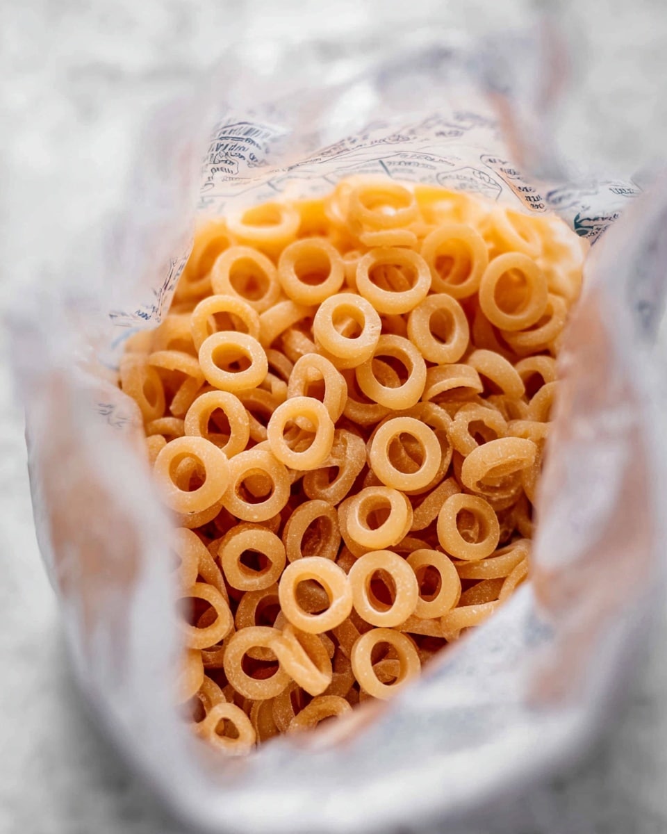 The image shows a clear plastic bag filled with small, orange, ring-shaped pasta pieces, evenly packed inside. The rings have a smooth texture and appear dry and uncooked. The bag is open at the top, with some text partially visible on the sides of the packaging. The background is a white marbled texture, creating a clean and simple look. Photo taken with an iphone --ar 4:5 --v 7