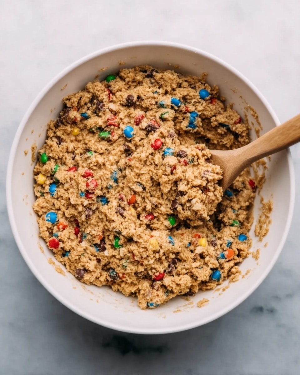 A white bowl filled with a thick mixture that looks like cookie dough with small colorful candy pieces scattered throughout in red, blue, green, yellow, and orange. The texture is crumbly but sticky with visible small bits of oats or grains mixed inside. A wooden spoon is partially buried in the dough on the right side, showing the rough, dense texture of the mixture. The bowl sits on a white marbled surface. Photo taken with an iphone --ar 4:5 --v 7