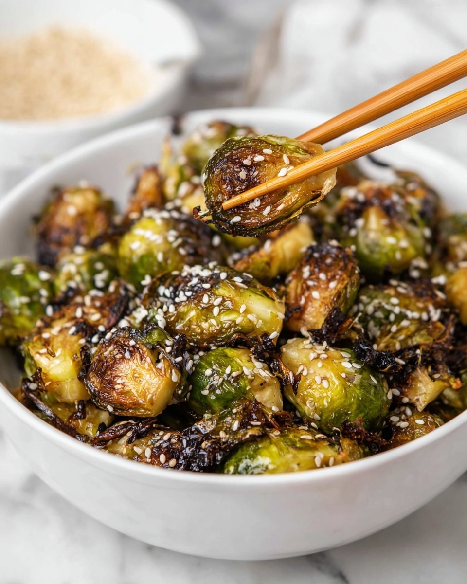 A white bowl filled with roasted Brussels sprouts that have golden brown and dark charred spots, showing a crispy texture with some leaves slightly curled. The sprouts are cut into halves and scattered with white sesame seeds on top. A pair of wooden chopsticks hold one roasted Brussels sprout, raised above the bowl, showing its caramelized layers and sesame seeds. The bowl is set on a white marbled surface. In the background, there is a blurred white bowl with a light-colored grain or sauce. photo taken with an iphone --ar 4:5 --v 7