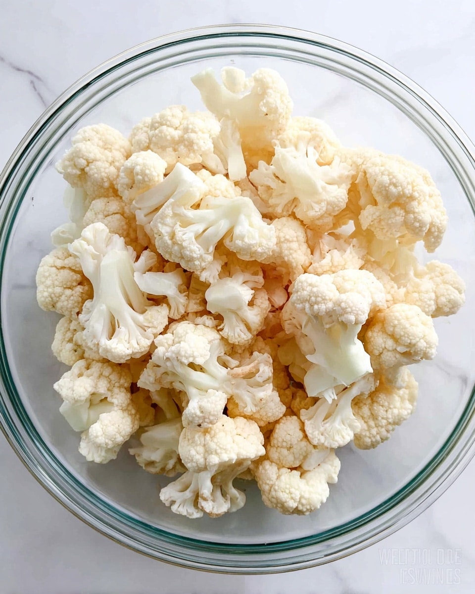 A clear glass bowl filled with many small pieces of raw cauliflower, showing a mix of light cream and white colors. The cauliflower pieces have a bumpy texture with some fluffy, clustered tops and smooth, firm stems. The bowl sits on a white marbled surface, providing a clean and bright background. photo taken with an iphone --ar 4:5 --v 7