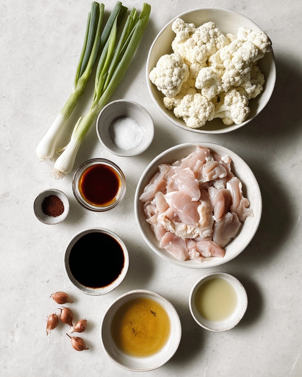 The image shows a top-down view of several white bowls and a small pile of green onions arranged on a white marbled surface. In the center is a white bowl filled with thin pale pink raw poultry pieces. Above it, there is a white bowl full of white cauliflower florets. To the left are three green onions with long green stems. Surrounding the main bowls are smaller white bowls holding different liquids and seasonings: a dark soy sauce, a thick dark red sauce, a pale yellow liquid, a golden brown liquid, and small amounts of white salt, dark brown paste, and a small amount of pale liquid. At the bottom left, a small white bowl holds four small brown shallots. The whole scene is lit with soft, natural light. photo taken with an iphone --ar 4:5 --v 7