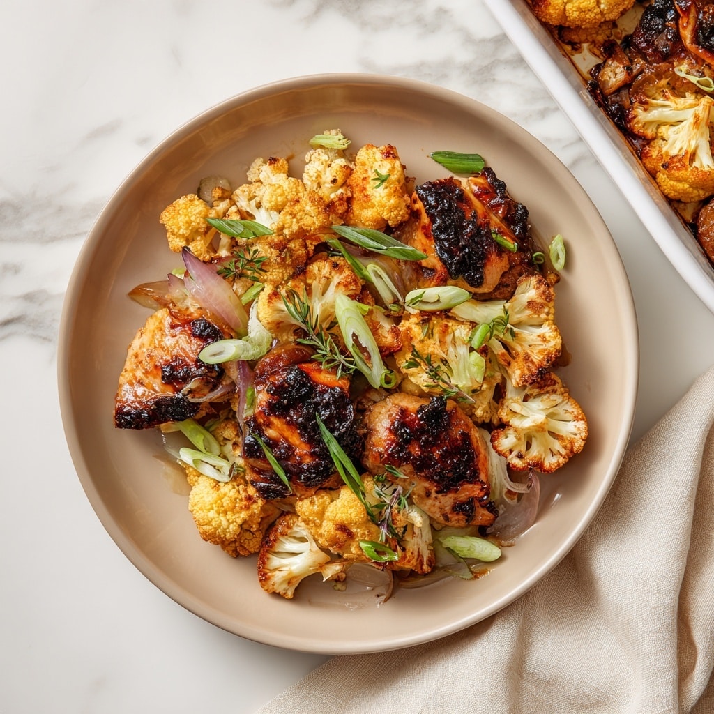 The image shows a light beige plate filled with two main layers of food: the bottom layer has dark, shiny pieces of grilled meat with a slightly charred look, and the top layer has roasted cauliflower florets in a warm orange hue mixed with cooked onions that are soft and translucent. Small green slices of spring onion are scattered over the meat and vegetables for a fresh touch. The plate is placed on a white marbled surface with part of a white baking dish filled with more of the same food visible in the top right corner. A soft, cream-colored cloth is seen at the bottom right of the image. The photo taken with an iphone --ar 4:5 --v 7