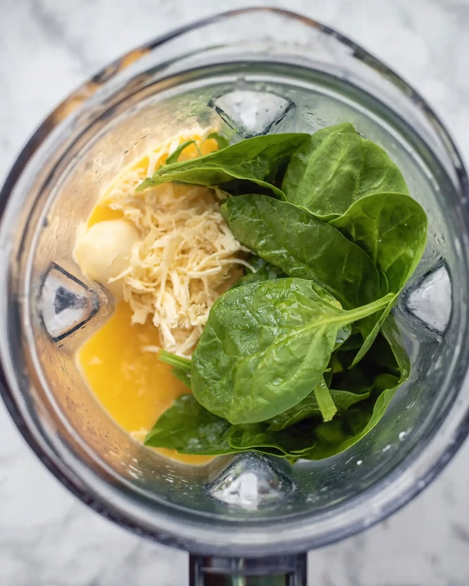 Inside a blender, there are three main layers: at the bottom, a yellow layer of whole eggs; on the right side, a light creamy beige layer of shredded tofu; on top, a bright green layer of fresh spinach leaves. The blender has a clear glass body that shows all the ingredients clearly. The background is a white marbled texture. photo taken with an iphone --ar 4:5 --v 7