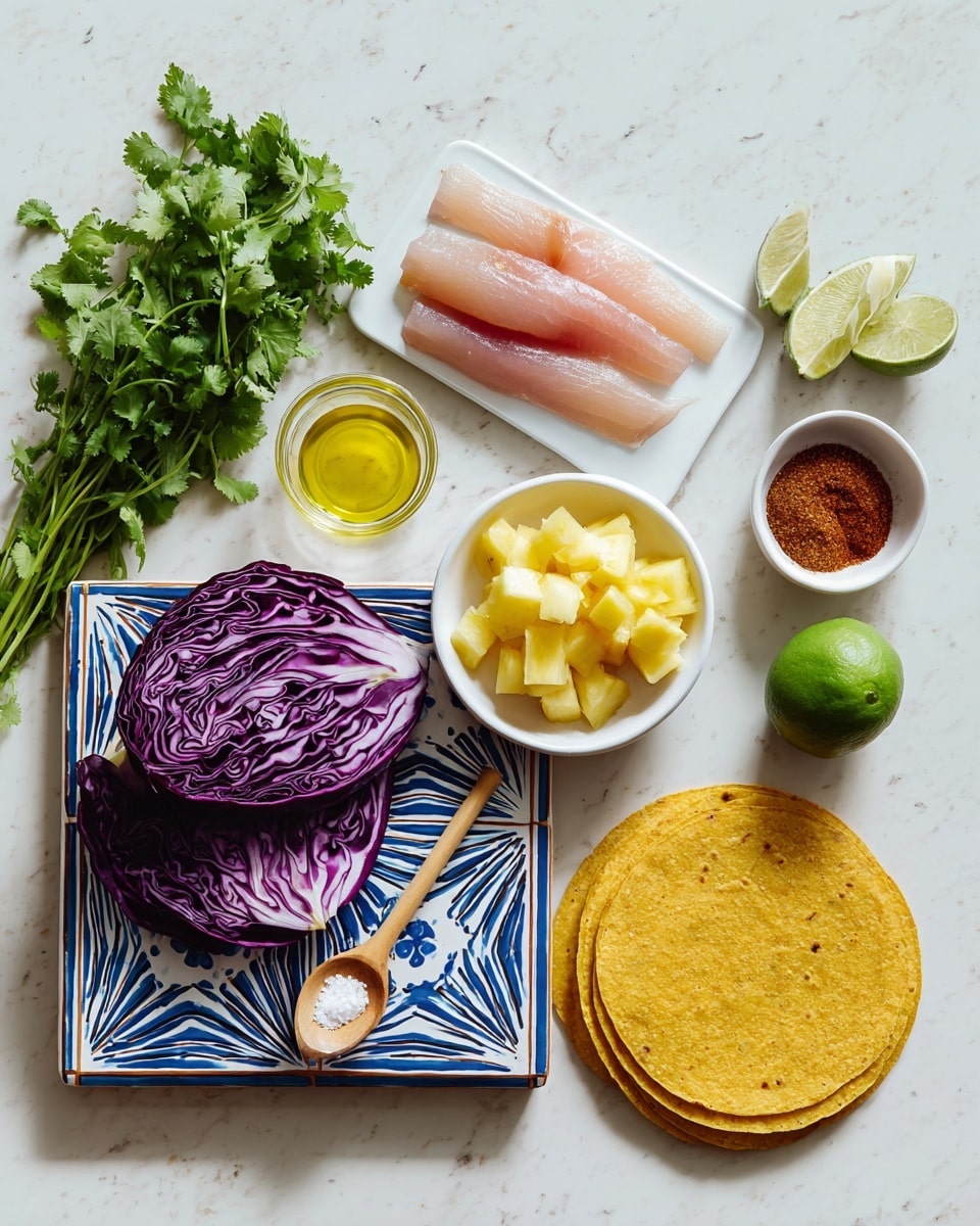 The image shows ingredients arranged neatly on a white marbled surface. In the center is a small white plate with purple cabbage leaves, a small bowl of yellow pineapple chunks, and a wooden spoon with white salt, all placed on a blue and white patterned tile. To the top left of the tile, there are two pieces of raw light pink fish on a small white rectangular plate. Next to the fish, there is a small glass bowl with light yellow oil, and a small white bowl filled with reddish-brown spice powder. To the right of the tile, there are two halves of a green lime. On the left side of the image, there is a bunch of fresh green cilantro, and next to the bottom right of the tile, there are two golden yellow corn tortillas stacked on the white marbled surface. photo taken with an iphone --ar 4:5 --v 7