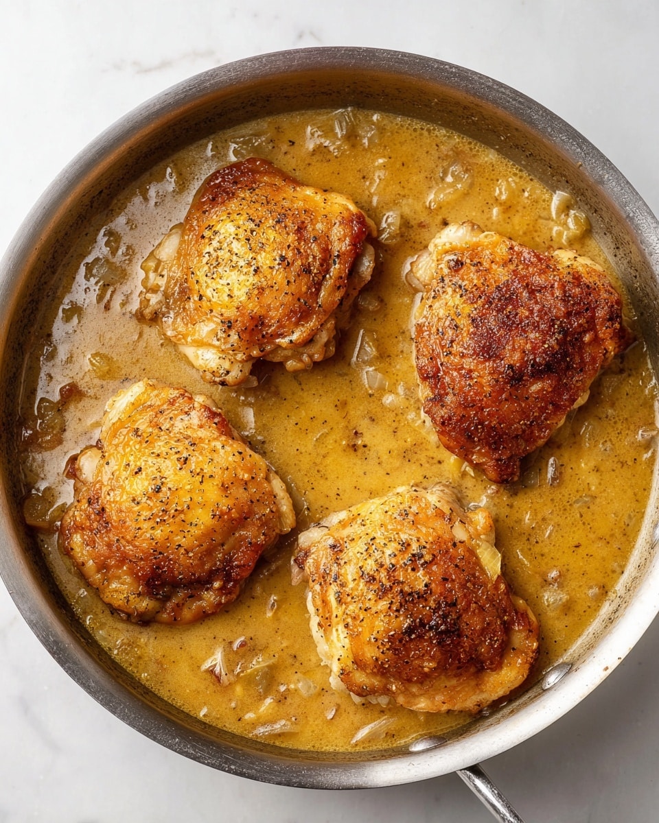 A round metal pan filled with four pieces of cooked chicken thighs, each with a golden brown, crispy skin sprinkled lightly with black pepper. The chicken sits in a thick, light brown sauce with small bits of ingredients visible throughout, partially covering the lower edges of the thighs. The pan is placed on a white marbled surface with a soft, neutral light setting. photo taken with an iphone --ar 4:5 --v 7