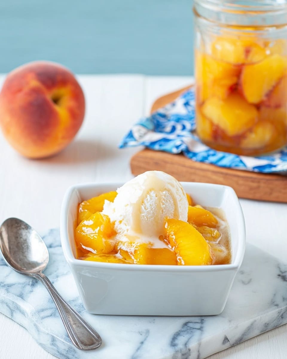 A small white square bowl filled with yellow and orange peach pieces mixed in clear syrup, topped with a single scoop of white vanilla ice cream that is slightly melting. The bowl sits on a white marbled surface with a silver spoon to its left. In the background, there is a whole peach to the left and a clear jar filled with more peach pieces in syrup on a wooden board with a blue and white cloth underneath. The scene is bright and clean. photo taken with an iphone --ar 4:5 --v 7