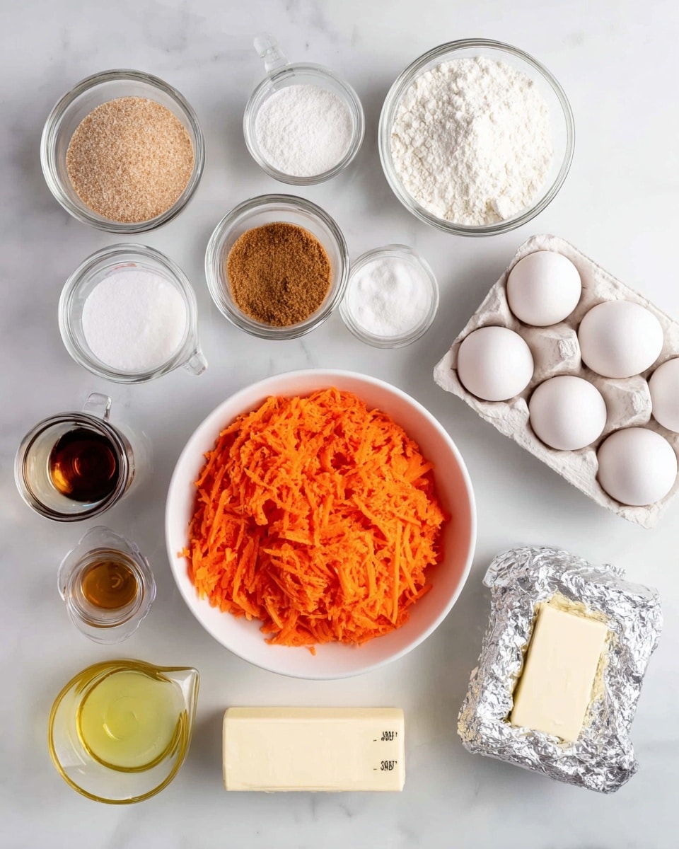 A top-down view of various baking ingredients laid out neatly on a white marbled surface. In the center is a white bowl filled with bright orange shredded carrots. Surrounding it are small glass jars containing light brown sugar, white flour, white powdered sugar, white granulated sugar, and a light brown spice. A white carton holding six white eggs sits to the right of the carrots. Next to the eggs are two small glass jars with white and clear liquids. A stick of butter with measurement marks sits below the carrots. A small glass measuring cup with clear yellow oil is placed to the left of the carrots, near a small dark bottle of vanilla extract. Finally, there is a block of cream cheese wrapped in foil. All elements rest on a clean white marbled background. photo taken with an iphone --ar 4:5 --v 7