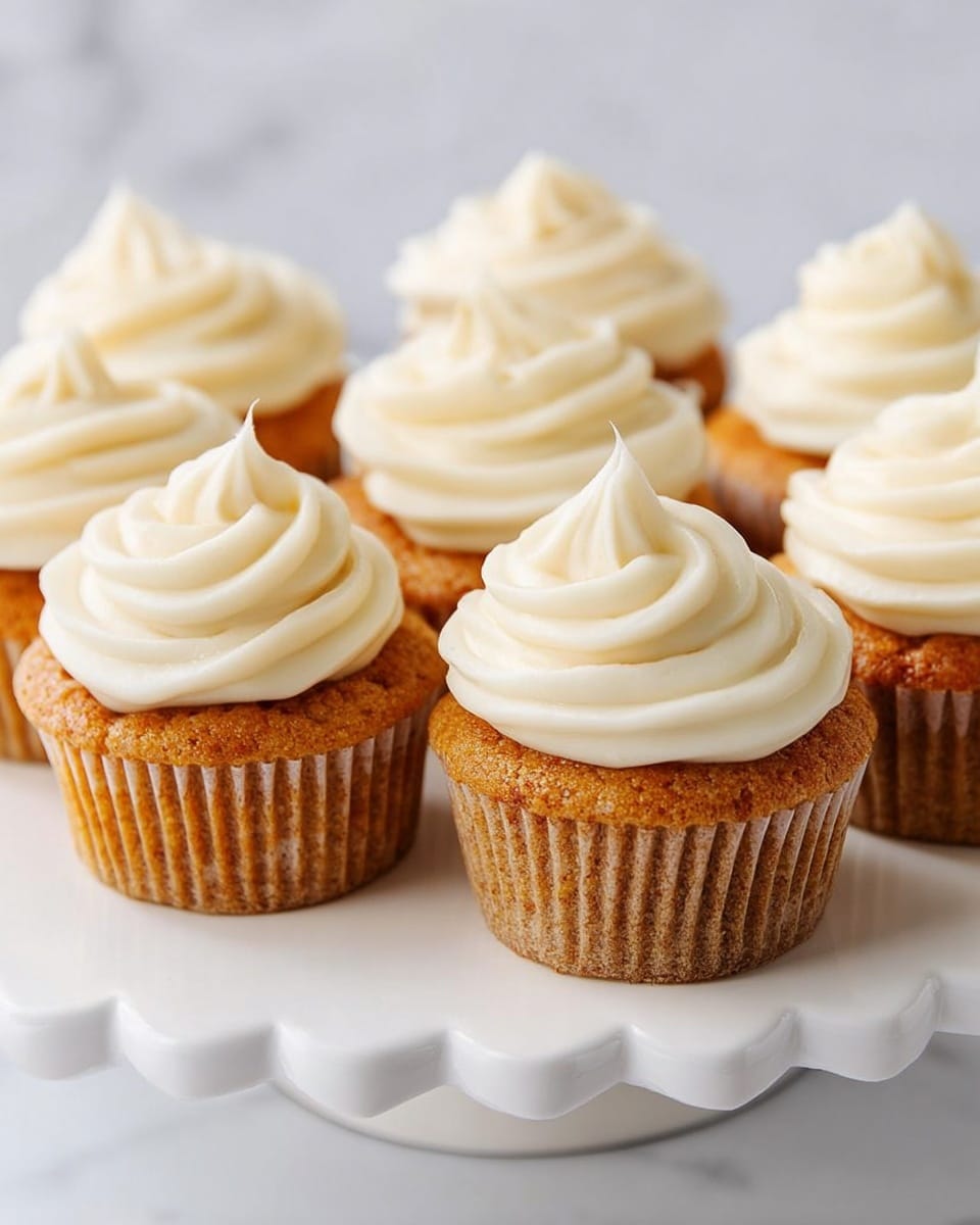 The image shows a group of six cupcakes on a white plate with scalloped edges. Each cupcake has a light brown base with a slightly rough texture, topped with a smooth swirl of creamy white frosting with a small peak on top. The cupcakes are tightly placed so they almost touch each other. The background is a white marbled texture, giving a clean and bright look. Photo taken with an iphone --ar 4:5 --v 7