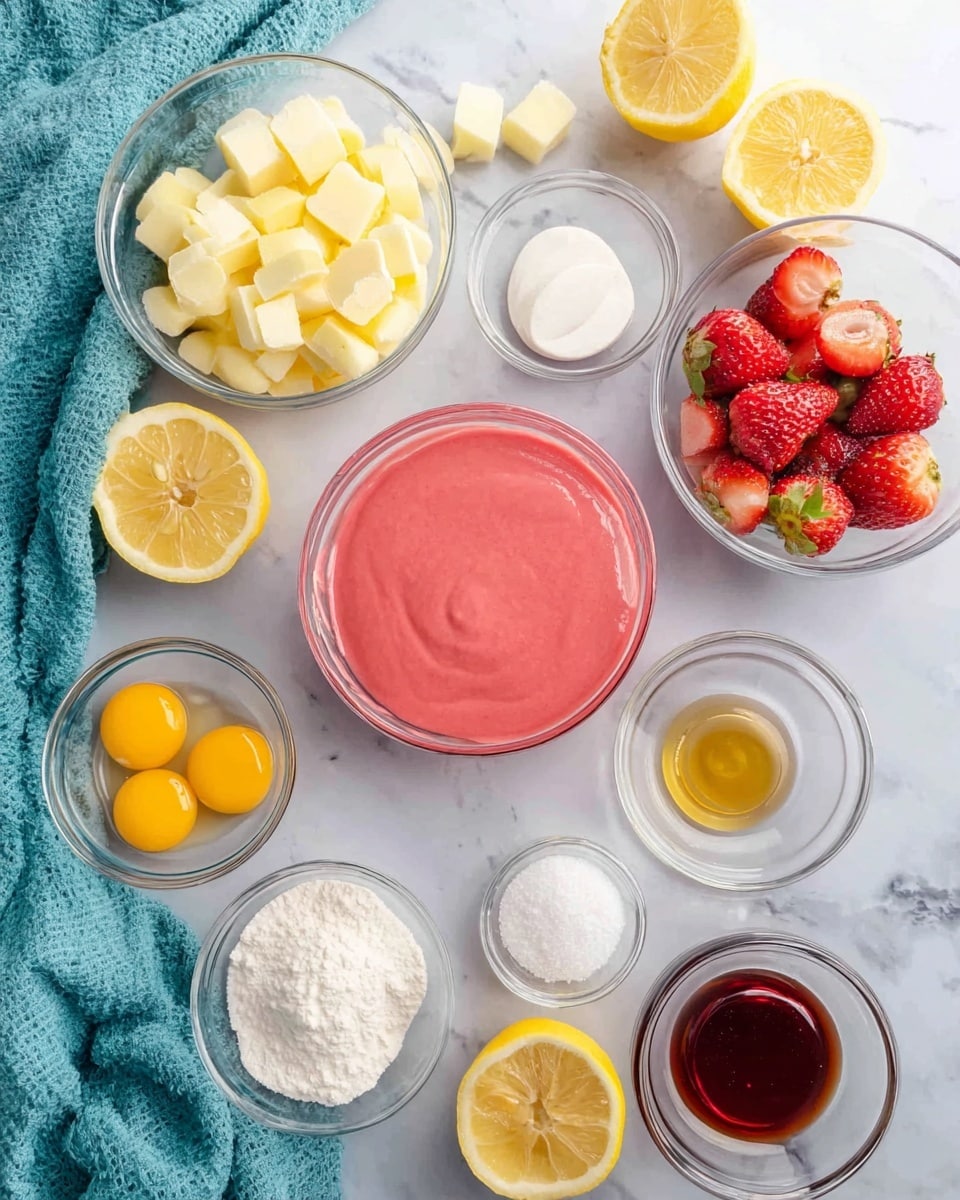 A top view of multiple clear glass bowls on a white marbled surface with colorful ingredients arranged neatly. In the center, one bowl holds a smooth bright pink mixture. Surrounding it are smaller bowls containing pale yellow cube pieces, white dry powder, white round discs, a dark amber liquid, and grated yellow zest. One bowl shows four raw eggs with bright yellow yolks and translucent whites. Fresh lemon halves with pale yellow flesh are placed near the edges, along with halved and whole bright red strawberries. A turquoise cloth is draped on the left side. Photo taken with an iphone --ar 4:5 --v 7