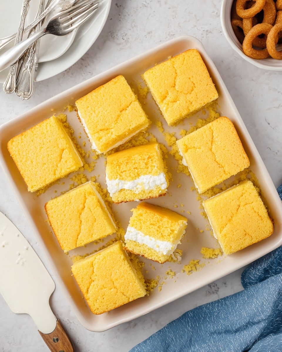 The image shows a white rectangular baking dish filled with twelve square pieces of yellow cake, arranged in three rows of four. Each piece has a soft, slightly uneven texture on top, with two of the pieces cut to reveal a middle layer of white cream filling between two layers of fluffy yellow cake. Crumbs are scattered around the pieces in the dish. The dish is set on a white marbled surface, with a white spatula nearby and a white plate with silver forks in the top left corner. Part of a white bowl containing brown rings is visible in the upper right corner. A blue cloth is partially seen on the bottom left. Photo taken with an iphone --ar 4:5 --v 7