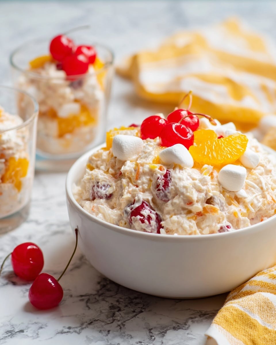 The dish is a creamy fruit salad served in a large white bowl placed on a white marbled surface. The salad has a thick, light beige creamy base mixed with small white marshmallows, red cherries, and bits of orange fruit. On top, there are bright red cherries and orange segments adding color contrast. In the background, there are two smaller clear containers filled with the same fruit salad. A yellow and white striped cloth is softly placed next to the bowl. The whole scene looks fresh and inviting with soft natural light. photo taken with an iphone --ar 4:5 --v 7