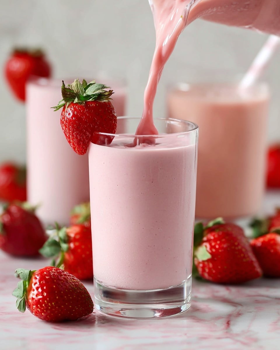 A clear glass filled with three layers: the bottom, middle, and top layers show thick, creamy, light pink strawberry smoothie with a smooth texture. A fresh red strawberry with green leaves is placed on the rim of the glass. In the background, there are two more glasses filled with the same light pink smoothie. Fresh red strawberries with green leaves lay on a white marbled surface around the glasses. A woman's hand is pouring more of the smoothie into the glass from above, creating a soft splash. Photo taken with an iphone --ar 4:5 --v 7