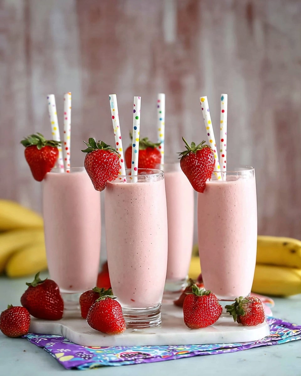 Four clear tall glasses are filled with a smooth light pink strawberry smoothie, each topped with a fresh red strawberry with green leaves on the rim. Each glass has two white straws with colorful dots standing straight inside. At the base are several bright red strawberries placed on a white marbled surface with a cloth underneath that has blue and purple patterns. In the background, a yellow banana is visible against a blurred light wood texture. Photo taken with an iphone --ar 4:5 --v 7