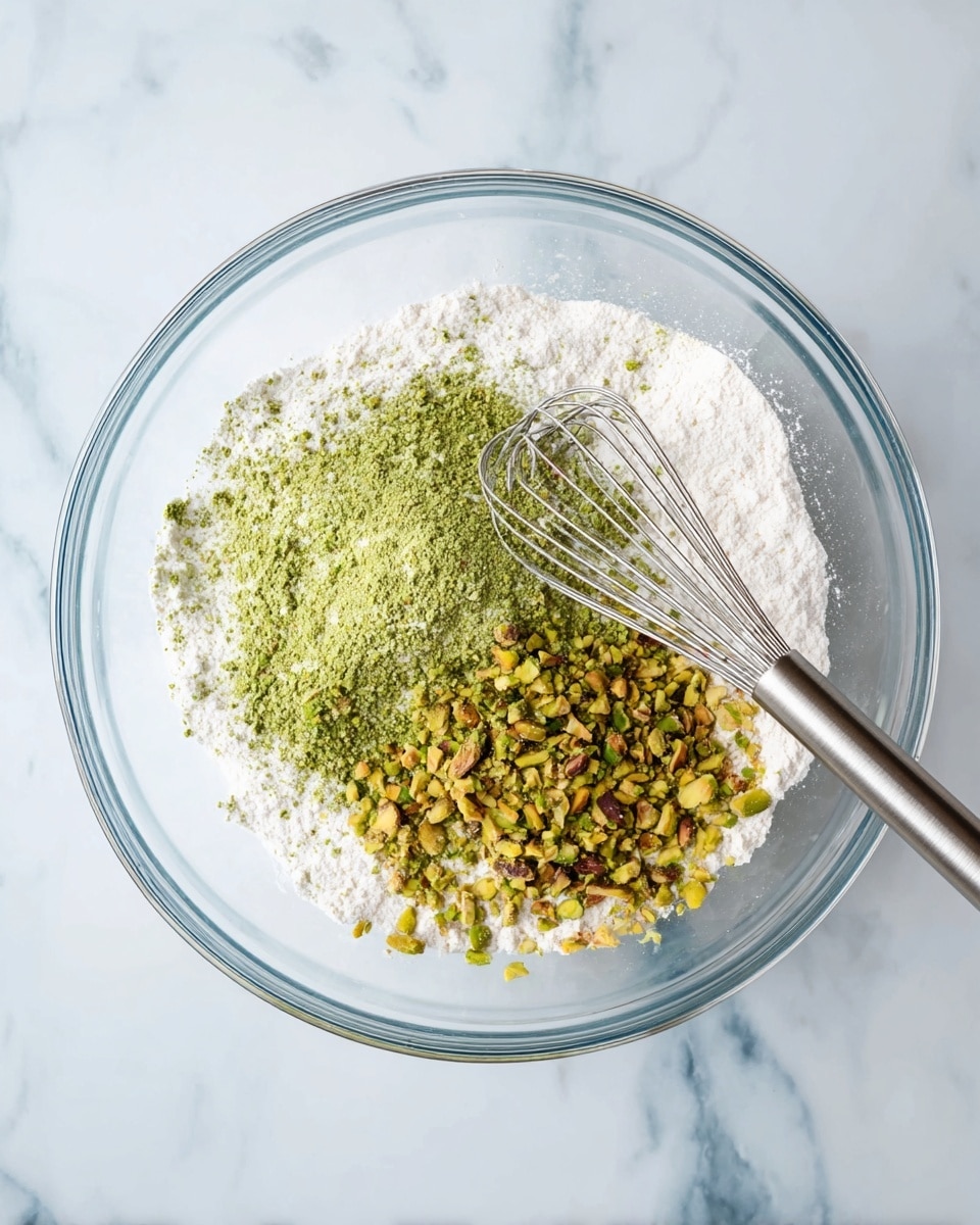 A clear glass bowl on a white marbled surface holds several layers of dry ingredients. The bottom layer is white flour, covering most of the bowl's base. On top of the flour, there is a layer of bright green powder toward the center and left side, giving a rough, powdery texture. Surrounding the green powder, on the right and upper portion, there are chopped pieces of pistachios with yellowish-green and brown hues, adding a coarse and chunky layer. A silver whisk with a shiny handle rests inside the bowl, positioned diagonally from the bottom right, partly touching the ingredients. Photo taken with an iphone --ar 4:5 --v 7