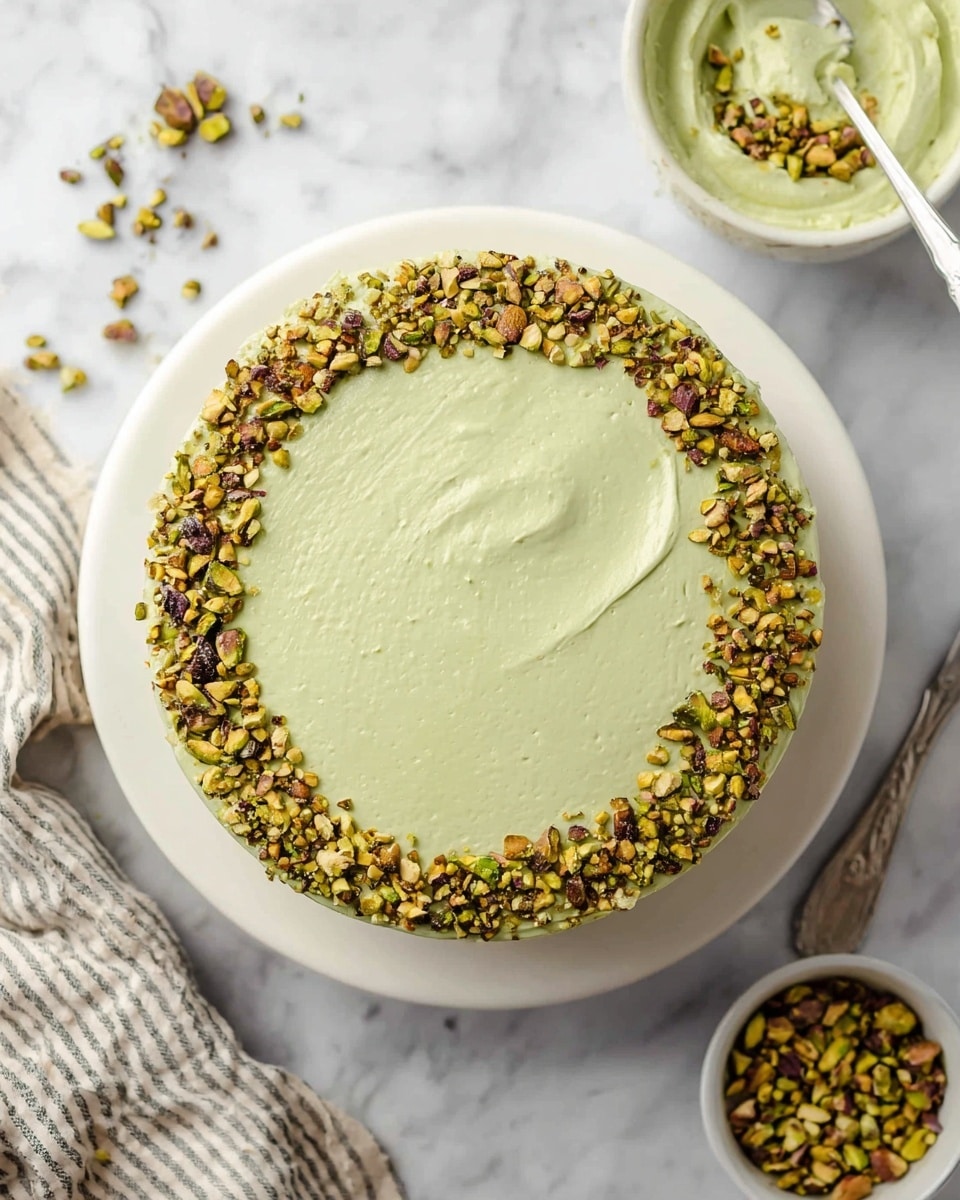 A round cake with two layers is shown from above on a white plate, placed on a white marbled surface. The cake is covered in smooth, light green frosting and decorated around the side edges and outer top with a ring of chopped green and brown pistachio nuts. There is a bowl in the top right corner filled with the same light green frosting with a white spoon inside, and a small white bowl with additional pistachio nuts at the bottom edge of the image. A striped cloth napkin and a silver knife with a white handle are on the right side. Photo taken with an iphone --ar 4:5 --v 7