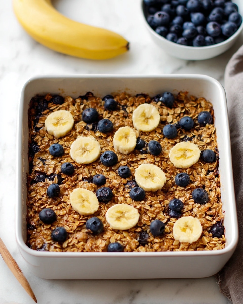 The image shows a square baking pan filled with a golden brown oat mixture, topped with round slices of light yellow banana and scattered dark blue blueberries. The oat layer looks crunchy and textured, covering the whole surface of the pan. In the background, there is a white bowl filled with blueberries and a whole yellow banana on a white marbled surface. The overall look is warm and fresh, with a simple three-layer feeling: the white pan as the base, the oat crisp layer with blueberries mixed inside, and banana slices evenly spaced on top. Photo taken with an iphone --ar 4:5 --v 7