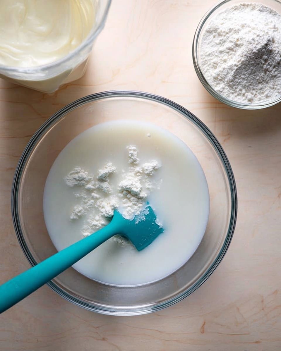 A clear glass bowl sits on a white marbled surface, filled halfway with a milky white liquid and small clumps of white powder floating on top. A teal silicone spatula rests inside the bowl, slightly submerged into the liquid mixture. To the right, a smaller clear glass bowl is filled with fine white powder, and to the left, a translucent container holds a thick off-white cream. The whole scene is lit softly from above showing a clean and simple kitchen setting. photo taken with an iphone --ar 4:5 --v 7
