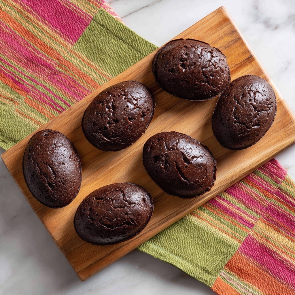 Five egg-shaped chocolate brownies with cracked, shiny tops are arranged on a rectangular wooden cutting board. The brownies appear thick and slightly textured with a rich dark brown color, evenly spaced in two rows. The cutting board rests on a white marbled surface, partially covered by a cloth with horizontal stripes in green, orange, pink, and red shades. Photo taken with an iphone --ar 4:5 --v 7