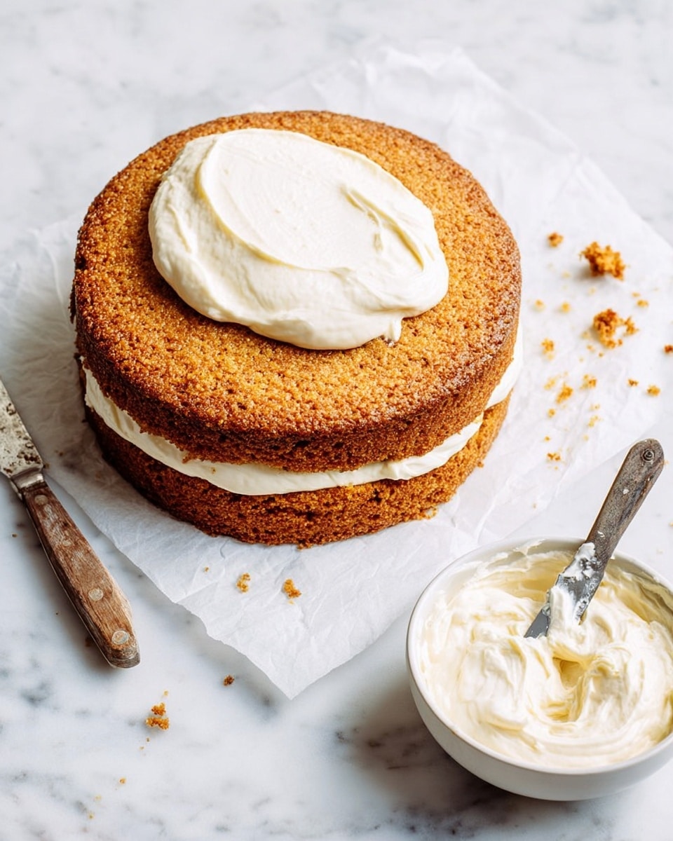A round two-layer cake with a golden brown, textured top sits on white parchment paper over a white marbled surface. Between the two layers is a smooth, thick layer of white cream filling. A dollop of the same cream is spread loosely on top of the cake. To the right of the cake, there is a small white bowl filled with the same white frosting. A knife with a wooden handle, covered with some frosting, rests on the edge of the bowl. A few crumbs are scattered near the cake on the white marbled surface. Photo taken with an iphone --ar 4:5 --v 7