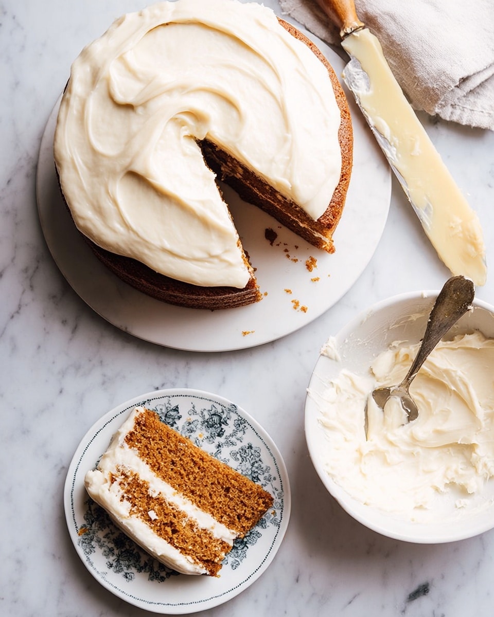 A round cake with two layers of moist brown sponge and thick white creamy frosting is on a white plate on a white marbled surface. One slice is cut out and placed on a small white plate with a blue floral pattern, showing a clear middle layer of white frosting between the two brown cake layers. To the right, there is a white bowl filled with white frosting and a wooden spatula resting inside. A butter knife with a pale yellow handle, coated with some cake crumbs and frosting, lies next to the cake on the white marbled background. photo taken with an iphone --ar 4:5 --v 7