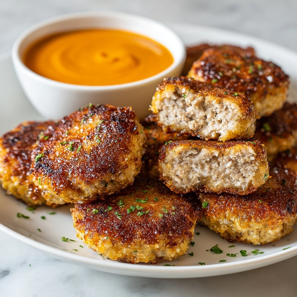 The image shows several golden brown, crispy patties with a textured, crunchy surface on a white plate, scattered with small green herb flakes on top. One patty is split in half, revealing a soft, light beige inside with a layered texture of cooked minced meat. In the background, there is a white bowl filled with a bright orange, smooth sauce. The white plate and bowl rest on a white marbled surface. The photo taken with an iphone --ar 4:5 --v 7