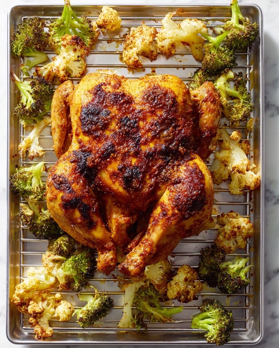 A whole roasted chicken lies flat on a silver wire rack over a baking sheet, showing a crispy, golden-brown skin with darker charred spots spread evenly across its surface. Surrounding the chicken are roasted cauliflower pieces and green broccoli stems, scattered loosely on the rack, some browned from roasting. The wire rack and baking sheet sit on a white marbled surface, adding subtle texture to the background. The image has a bright, natural look, highlighting the rich colors and textures of the cooked food. photo taken with an iphone --ar 4:5 --v 7