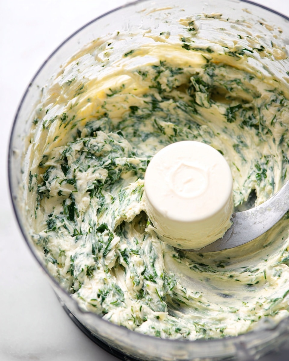 A close-up top view of a food processor bowl filled with a creamy mixture of chopped green leafy herbs and a smooth pale cream base, partially smeared along the clear sides of the bowl, showing a thick texture with visible bits of greens throughout. The white central processor blade holder is also covered in some of the mixture, and the whole scene sits on a white marbled surface photo taken with an iphone --ar 4:5 --v 7