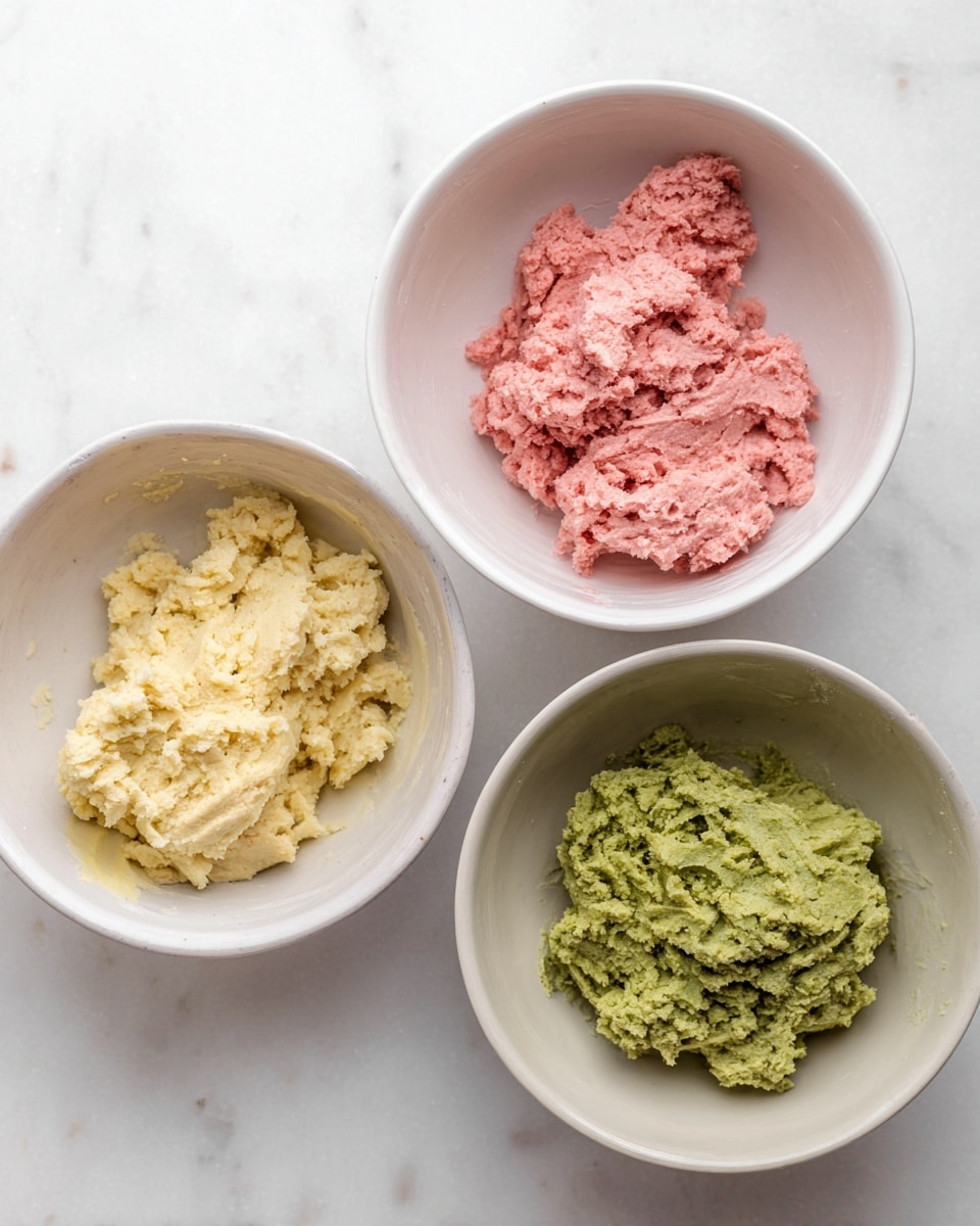 The image shows three white bowls on a white marbled surface, each containing a different colored dough-like mixture with a soft, crumbly texture. The top-left bowl holds a pink mixture with visible small bits and some smooth areas. The bottom-left bowl contains a pale yellow mixture, looking soft and slightly crumbly. The bowl on the right has a green mixture with a moist, uneven texture and some chunky parts. The bowls are spaced out so each mixture is clearly visible. Photo taken with an iphone --ar 4:5 --v 7