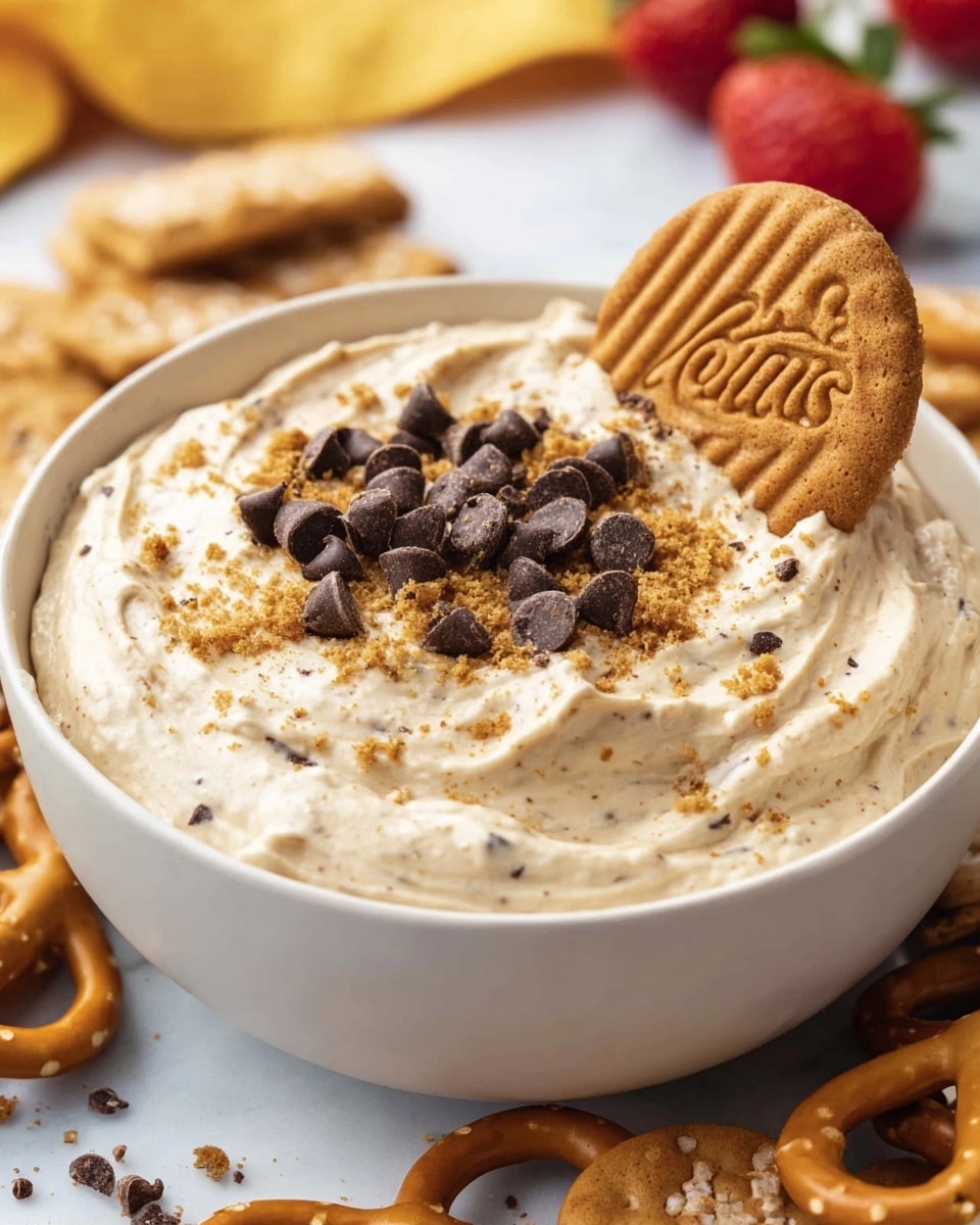 A white bowl filled with smooth, creamy light brown dip that has small chocolate chips and crumbled cookie pieces sprinkled on top. Around the bowl, there are four kinds of dippers arranged neatly on a white marbled surface: rectangular light brown cookies, rectangular beige crackers, sliced bright red strawberries, and brown pretzels. The dip surface shows soft swirls and a few small chunks mixed inside. Photo taken with an iphone --ar 4:5 --v 7