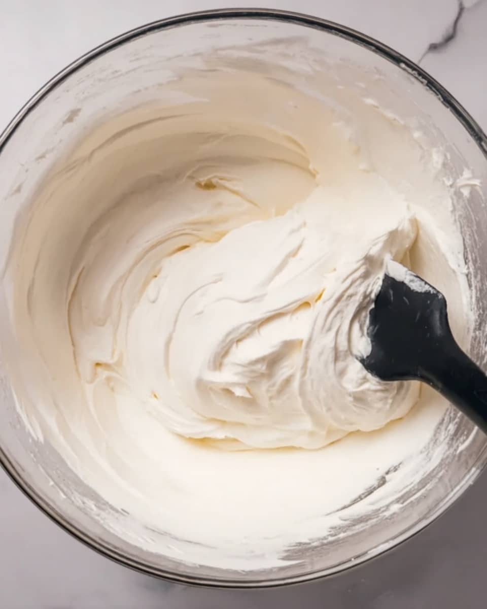 A clear mixing bowl filled with a smooth, creamy white mixture that looks soft and thick, almost like whipped cream. The mixture covers the bottom and sides of the bowl evenly, with some gentle swirls and soft peaks on the surface showing light texture. A black spatula is partially buried in the mixture at the right side of the bowl, slightly lifting a thick scoop of it. The background is a white marbled texture. Photo taken with an iphone --ar 4:5 --v 7