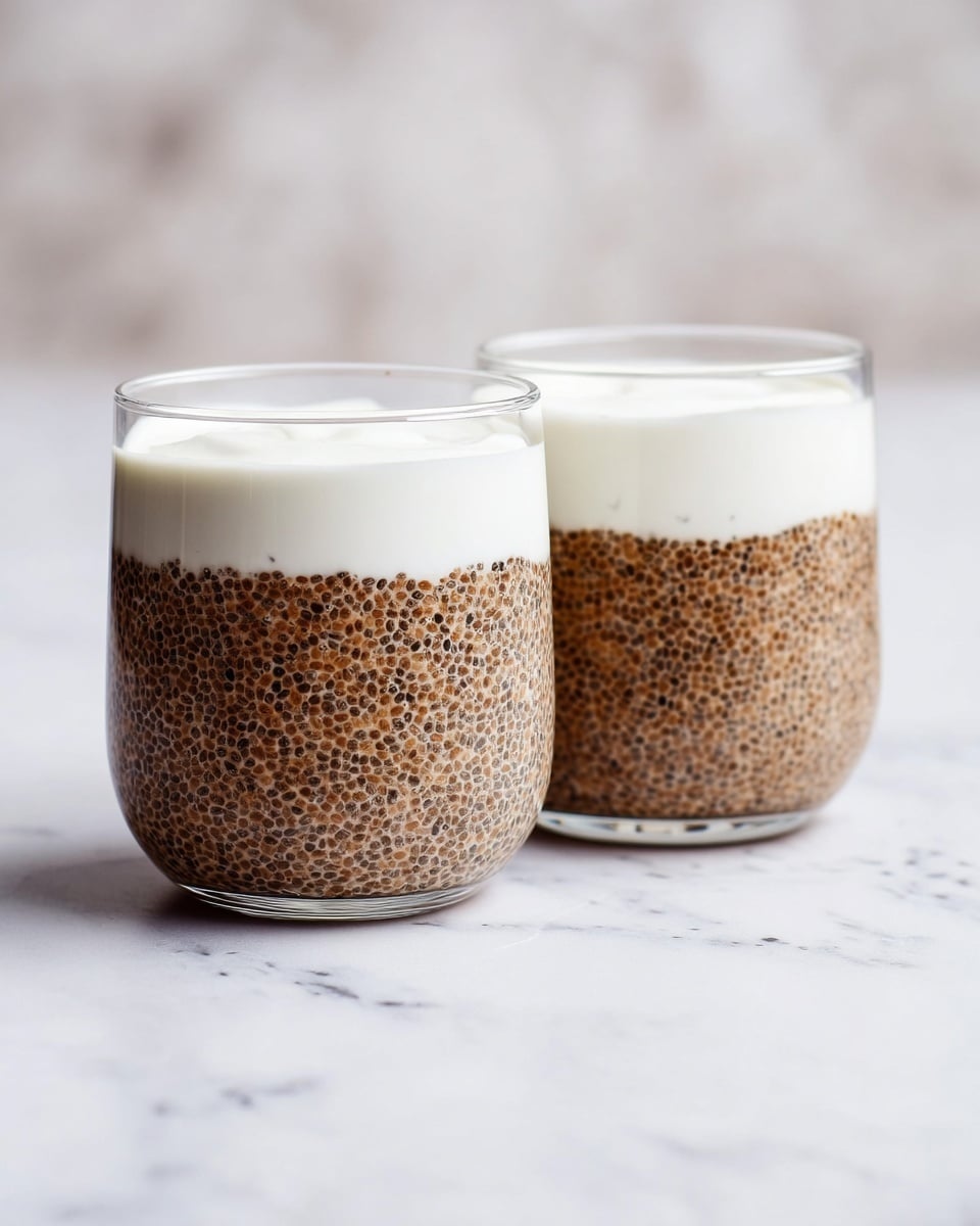 Two clear glasses are placed side by side on a white marbled surface. Each glass contains two layers: the bottom layer is thick and brown with visible black chia seeds giving it a textured look, while the top layer is smooth and white, resembling cream or yogurt. The layers are evenly filled, with the white layer resting smoothly above the brown chia seed layer. The background is softly blurred white marbled, keeping focus on the glasses. photo taken with an iphone --ar 4:5 --v 7