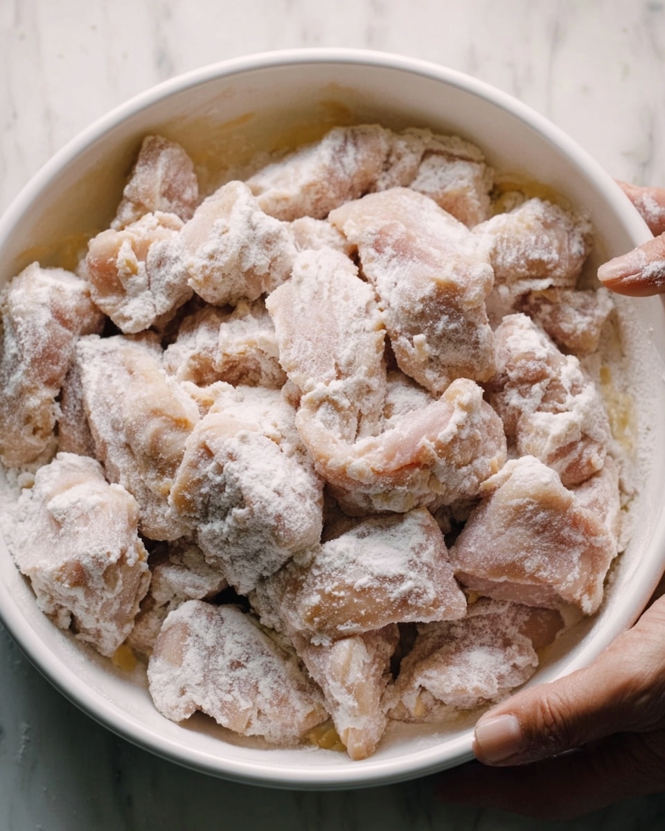 There is a white bowl filled with many pieces of raw chicken coated in a pale, powdery flour mixture. The chicken pieces are uneven in size, covered with the flour to create a soft, powdery texture layered on the light pink meat beneath. At the bottom right, a woman's hand gently holds the bowl, which sits on a white marbled surface. photo taken with an iphone --ar 4:5 --v 7