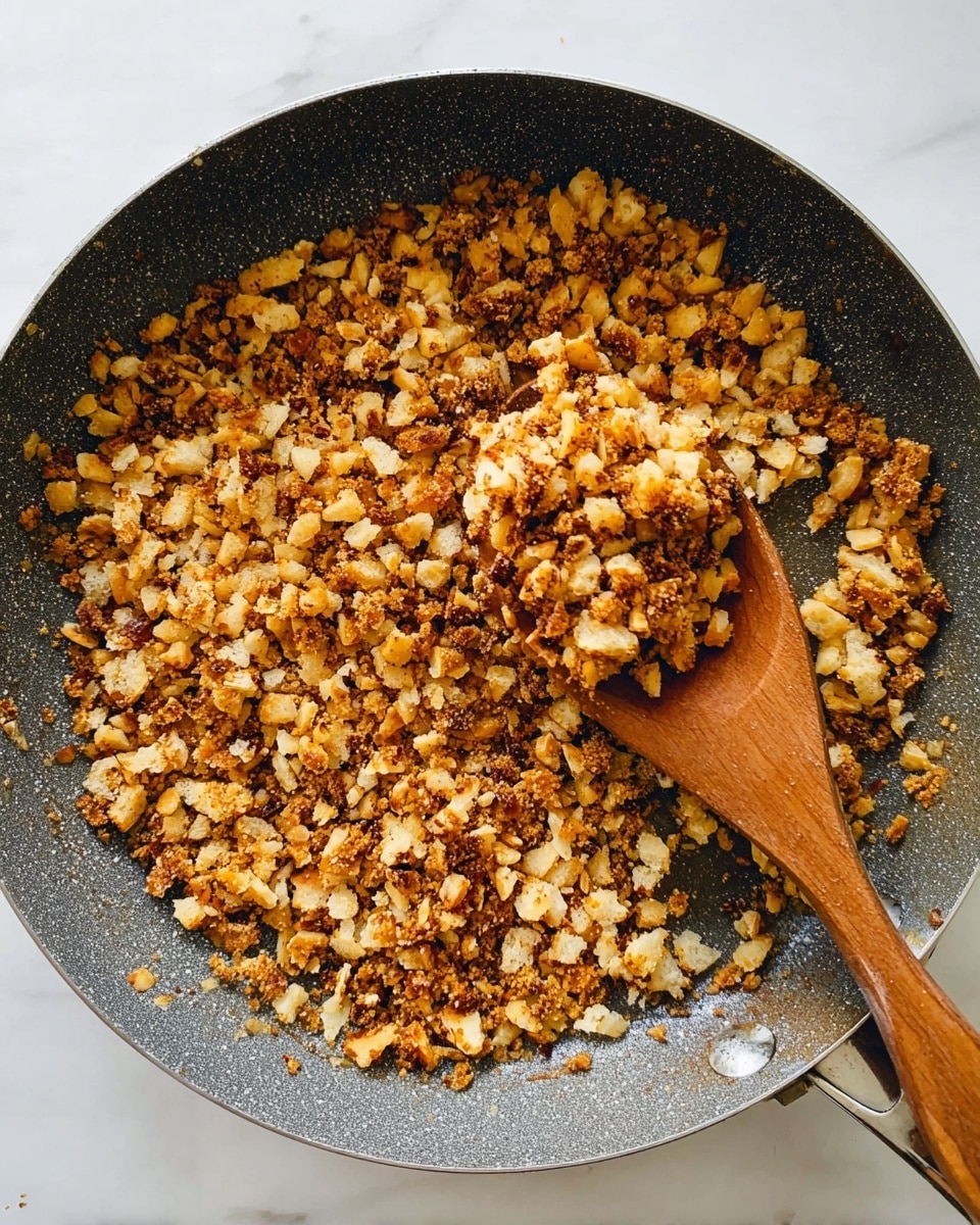 A frying pan filled with small, uneven pieces of toasted bread crumbs that are golden brown with darker toasted bits scattered throughout, showing a crunchy texture. A wooden spoon resting inside the pan holds a scoop of these bread crumbs, highlighting their rough and crumbly nature. The pan sits on a white marbled surface, giving a clean and bright background to the warm tones of the toasted crumbs. photo taken with an iphone --ar 4:5 --v 7