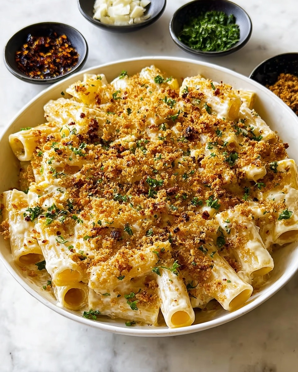 A white bowl filled with rigatoni pasta layered with creamy white sauce, sprinkled generously with crispy golden breadcrumbs and finely chopped green herbs scattered on top, creating a textured and colorful surface. The pasta tubes are thick and uniformly arranged, visible under the sauce and crunchy topping. Around the bowl are small black and white dishes holding different condiments, placed on a white marbled surface. photo taken with an iphone --ar 4:5 --v 7