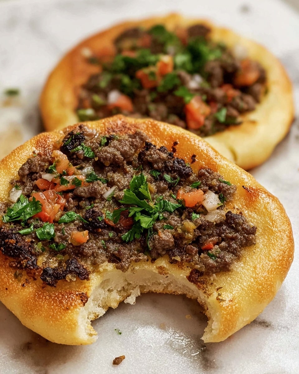 The image shows two small round flatbreads on a white marbled surface. Each flatbread has a thick golden-brown crust with a soft, airy texture. On top, there is a layer of cooked ground meat mixed with small pieces of diced tomatoes and onions. Fresh green parsley leaves are scattered on the meat for garnish. One flatbread has a bite taken out, revealing the fluffy inside. The colors range from golden crust to dark brown meat with hints of red tomato and bright green parsley. Photo taken with an iphone --ar 4:5 --v 7