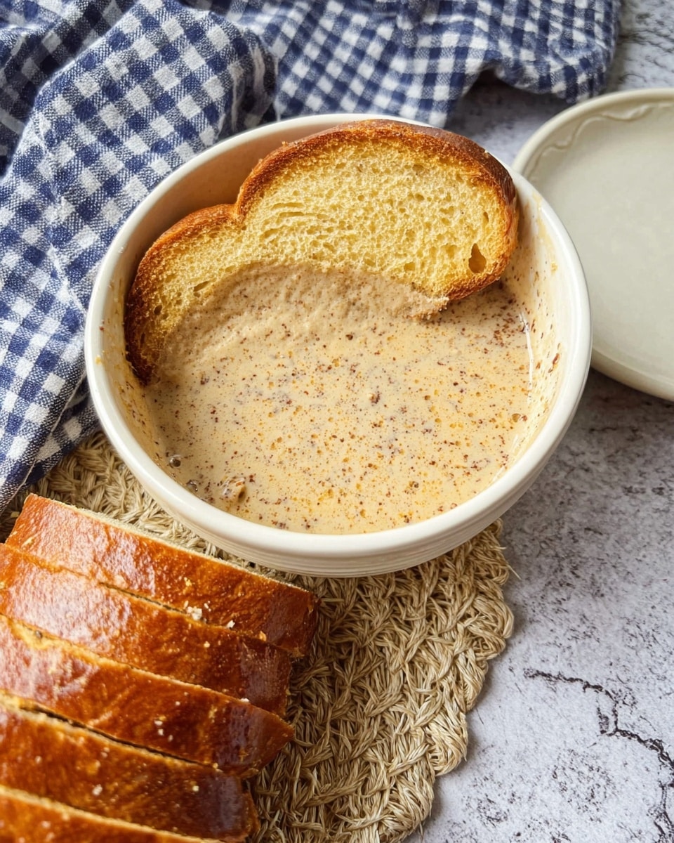 A white bowl filled with creamy, light brown liquid with specks of darker brown, soaking one slice of thick, soft yellow bread with a shiny golden crust. Next to the bowl are three more slices of the same bread stacked in a fan shape on a woven mat, placed on a white marbled surface. A blue and white checkered cloth is slightly visible near the bread, with an empty round white plate to the right of the bowl. Photo taken with an iphone --ar 4:5 --v 7