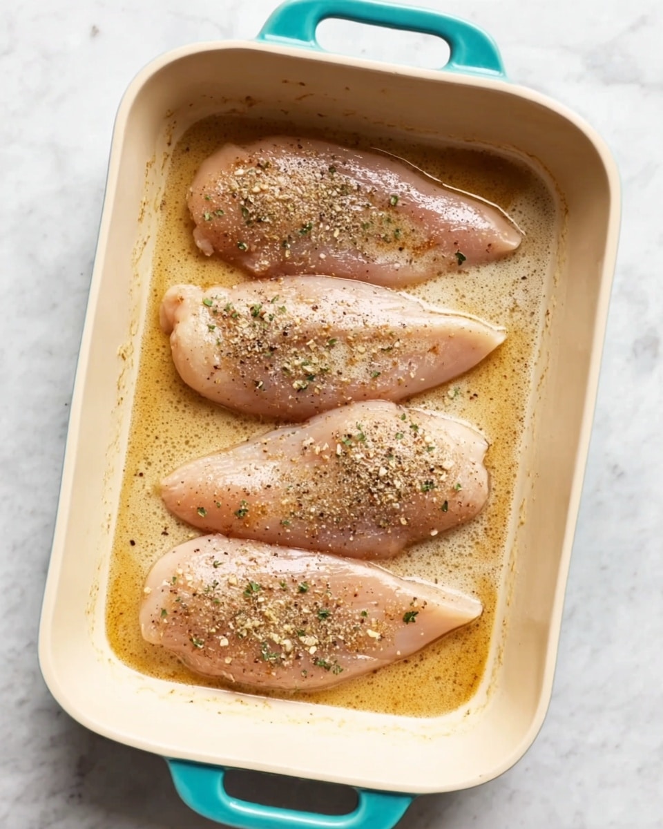 The image shows a light cream-colored rectangular baking dish with turquoise handles on a white marbled texture surface. Inside the dish are four raw chicken fillets placed in a single layer, evenly spaced. The fillets have a light pink color with a slight sheen and are covered with a tan, creamy liquid. Each piece has a sprinkle of mixed herbs and black pepper, giving a speckled effect on the surface. The dish is viewed from above, capturing all the fillets and the liquid around them clearly. photo taken with an iphone --ar 4:5 --v 7