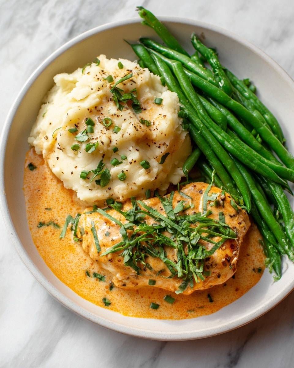 A white dish holds three cooked chicken pieces covered in a smooth, creamy orange sauce with slight specks of seasoning. The chicken is topped with chopped fresh green herbs scattered over all pieces and the sauce. The edges of the dish show some of the sauce pooling with a slight browning effect near the sides. The white marbled texture surface is visible around the dish. Photo taken with an iphone --ar 4:5 --v 7